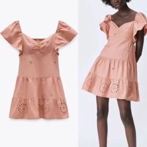 NWT Zara Light Pink Embroidered Eyelet Puff Sleeve Mini Sundress